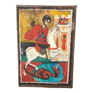 Large Antique 28" Eastern Orthodox Folk Art Icon - St. George & Dragon - 2" Wood Slab For Sale