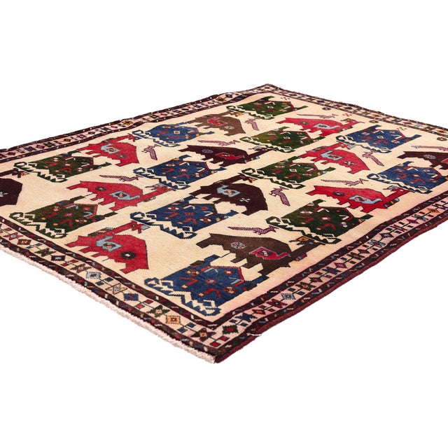 61479 Vintage Persian Pictorial Shiraz Rug, 03'06 x 04'11. The Guardian Menagerie: A Vintage Persian Shiraz Masterpiece of...