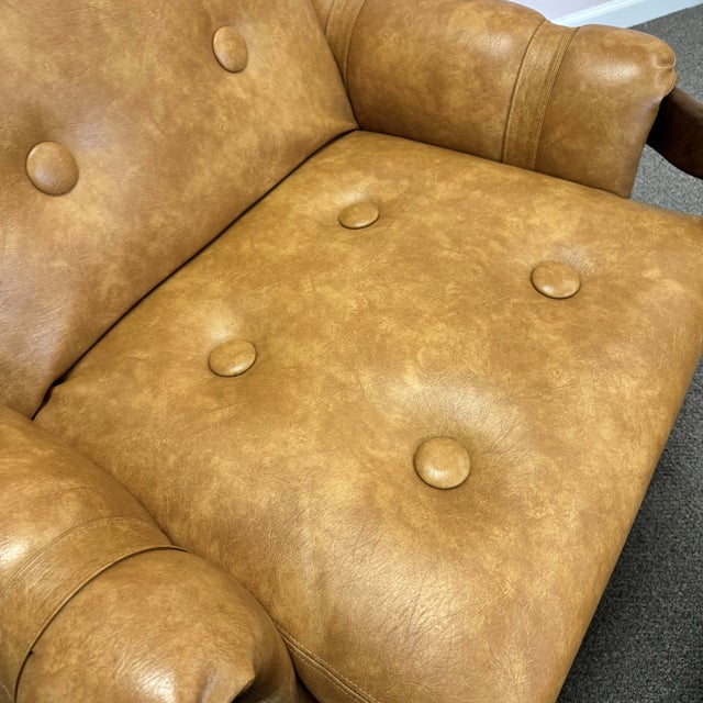 Vintage Tan Vinyl and Walnut Armchair & Ottoman For Sale - Image 10 of 12