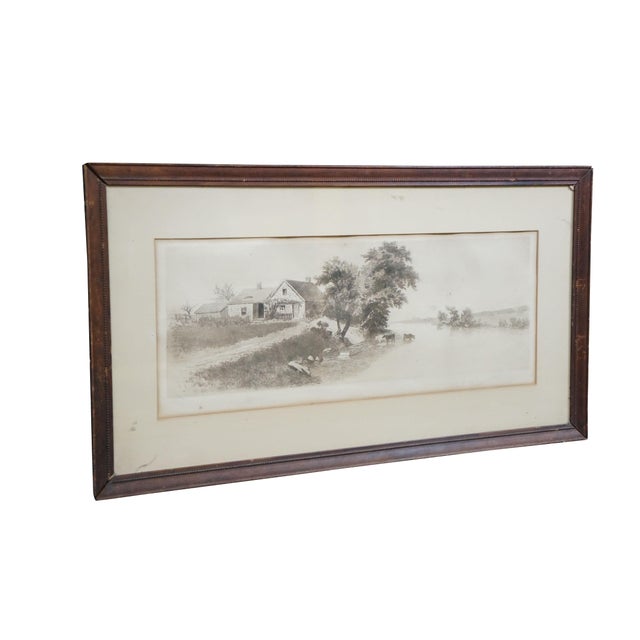 Late 19th century black and white etching by Charles Gondel. Country landscape showing a stone farmhouse and a group of...