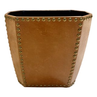 Italian Leather & Stud Wastebasket For Sale