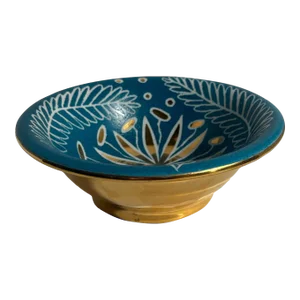Mid-Century Gregory Waylande Sgrafitto Fern Pattern Studio Pottery 24k Gold Covered Bowl