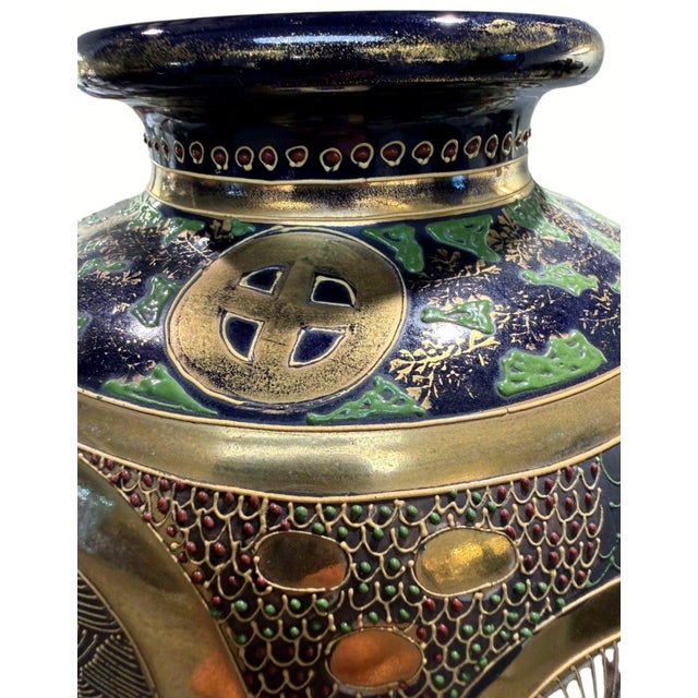 Vintage Japanese Satsuma Moriage Dragon Buddhist Figures Vase 14.5" For Sale - Image 9 of 10