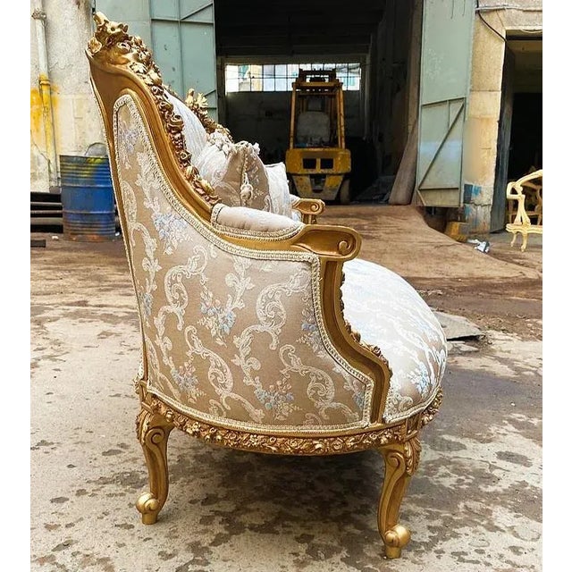 1990s French Style Tan Sofa With 2 Pillows and Gold Details For Sale - Image 5 of 8