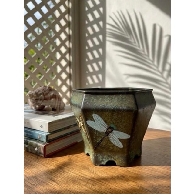 Vintage Hexagonal Verdigris Metal Cachepot With Butterfly and Dragonfly Motif For Sale - Image 9 of 12
