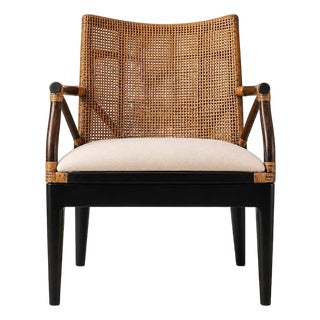 Rattan Arm Chair, Solid Mahogany Frame, Woven Backrest, Cotton Cushion, Tropical Accent Chair For Sale