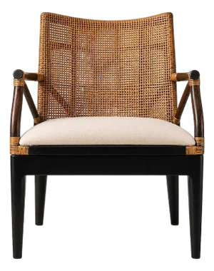 Rattan Arm Chair, Solid Mahogany Frame, Woven Backrest, Cotton Cushion, Tropical Accent Chair