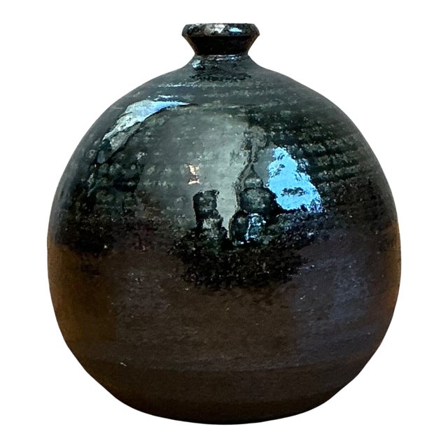 Vintage Original Studio Pottery Green Glaze Weed Vase For Sale