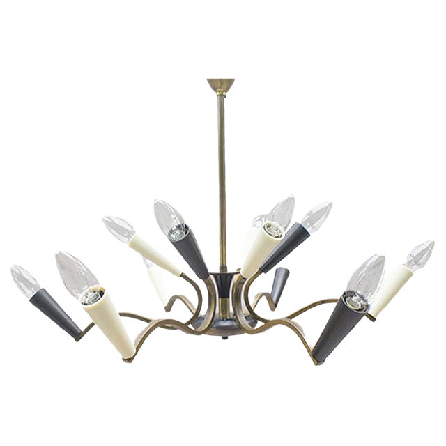 Mid-Century Black and White Chandelier with Brass Frame For Sale