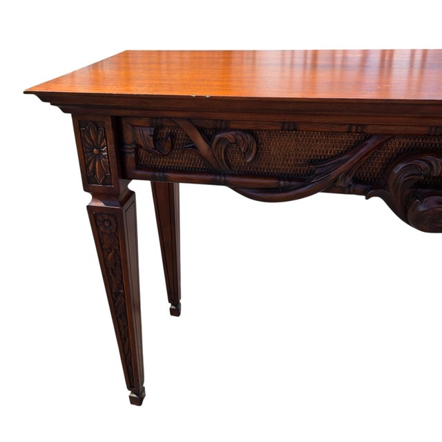1990s 1990s Ethan Allen Mahogany Carved French Regency Sofa Hall Table Console Woven Cane For Sale - Image 5 of 18