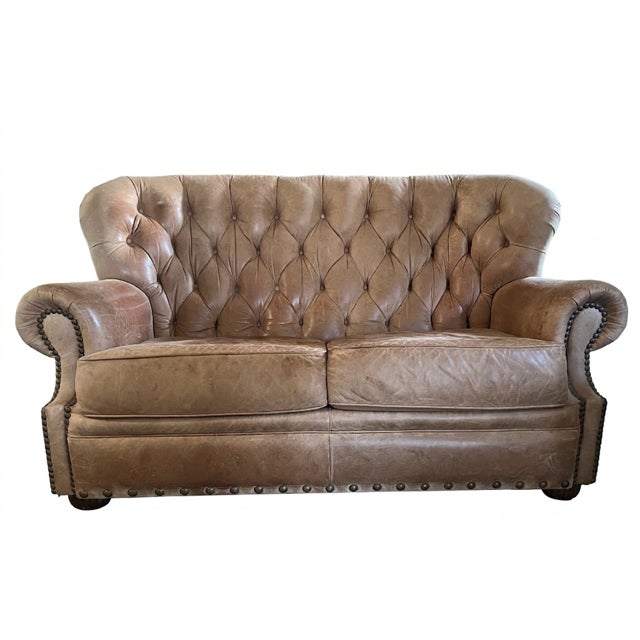 Brown Vintage Bradington-Young Hand-Brushed Aniline Leather Tufted English Club Suite With Wingback Chair, Ottoman and Loveseat For Sale - Image 8 of 14