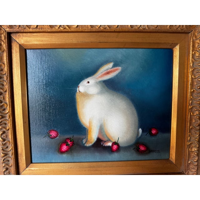 1990s Harris Signed Rabbit and Strawberries Painting, Framed For Sale In Detroit - Image 6 of 7