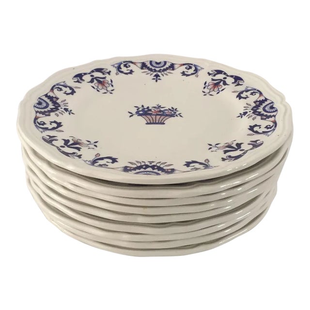 Vintage Hand Painted French Salad Plates - Set of 9 For Sale