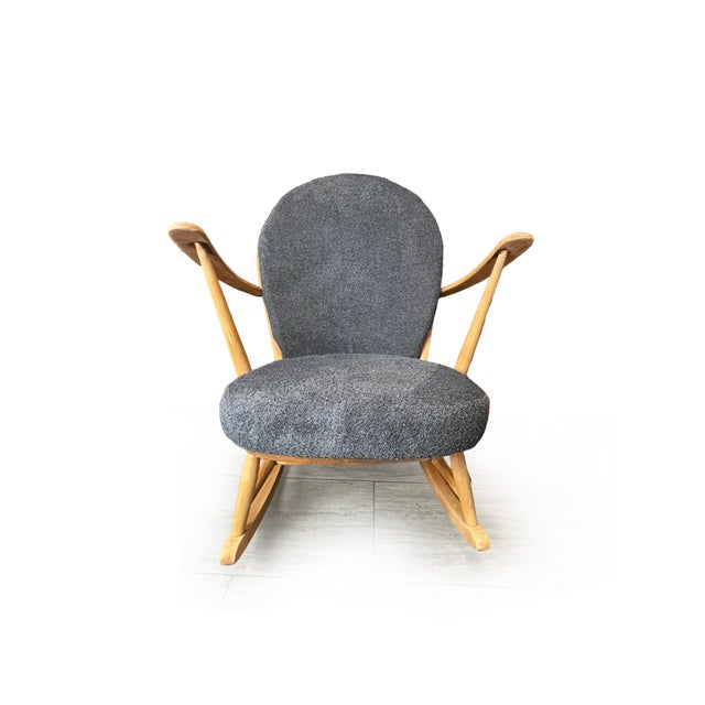 Ercol Mid-Century Elm Armchair with Slate Grey Bouclé from Ercol, 1970s For Sale - Image 4 of 12