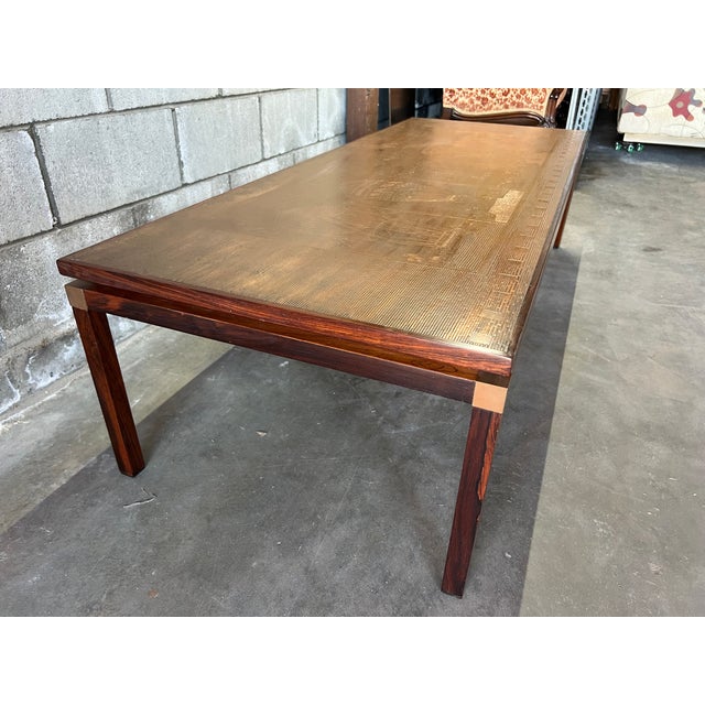 Mid-Century Modern Striking Danish Mid-Century Modern Rosewood Coffee Table With Etched Copper Top For Sale - Image 3 of 12
