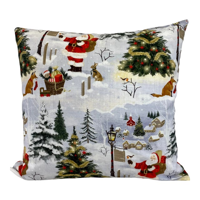 Festive 20” Square Santa With Animal Friends Christmas Themed Pillow With Red Velour-Like Back - Made in U K For Sale