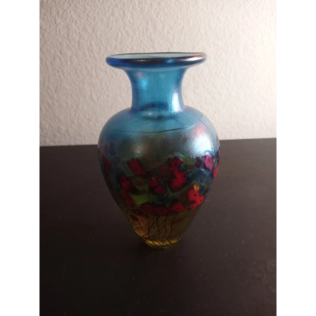 Vintage Robert Held Canada Handpainted California Poppy Pattern Blue Stretch Art Glass Bud Vase For Sale In Dallas - Image 6 of 7