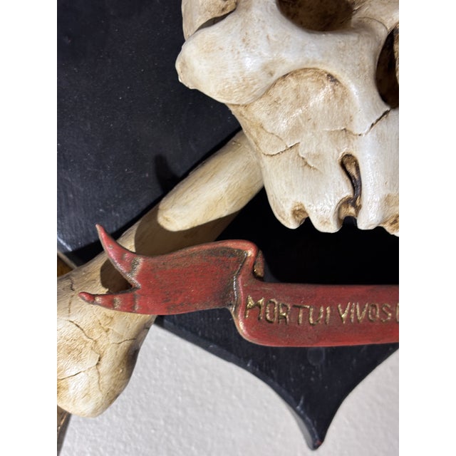 Wood Hand Sculpted, Carved and Parcel Gilt Skull and Crossbones Memento Mori Mounted on a Decorative Plaque For Sale - Image 7 of 11