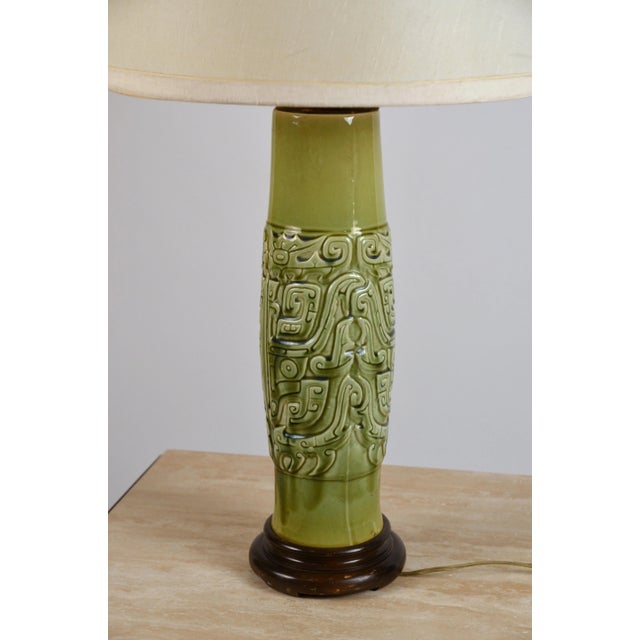 Hollywood Regency Mayan Inspired Ceramic Lamp with Original Shade For Sale - Image 3 of 8