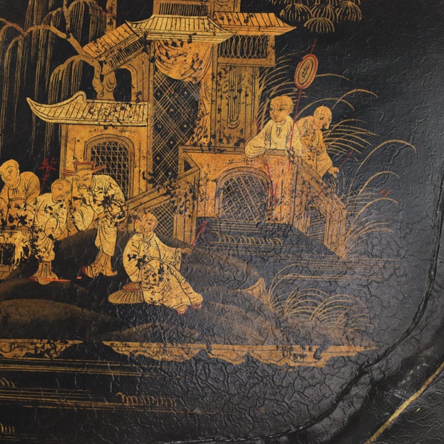 Vintage Hand Painted Chinoiserie Tole Tray Black Lacquer With Gold Gilt Scenic Pagoda Motif For Sale - Image 13 of 16