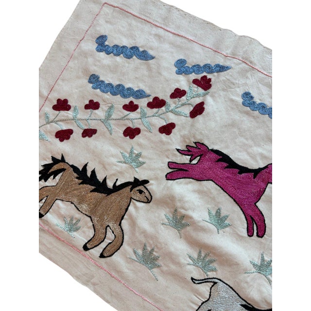 Magenta Horse Suzani Wall Hanging, Berry Vine For Sale - Image 4 of 5