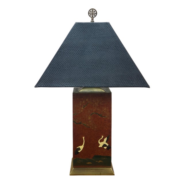 Late 20th Century Frederick Cooper Chinoiserie Tea Caddy Crane Canister Lamp Leather Shade 27" For Sale