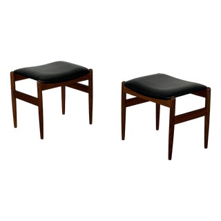 Scandinavian Teak Stools with Black Leatherette Seats, 1960s, Set of 2 For Sale