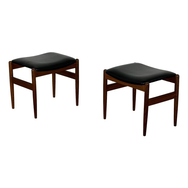Scandinavian Teak Stools with Black Leatherette Seats, 1960s, Set of 2 For Sale