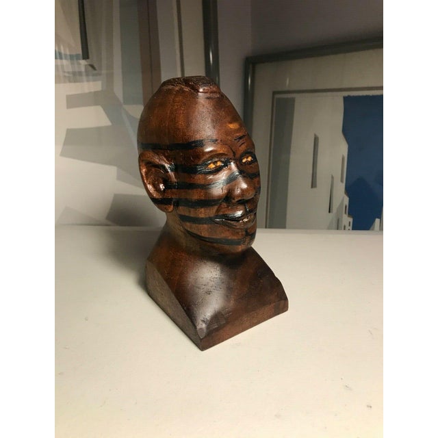 Rare Vintage Hand Carved Wooden Bust Of A Native American Tribal Man Aprox. dimensions: 7.5"H Good vintage condition: no...