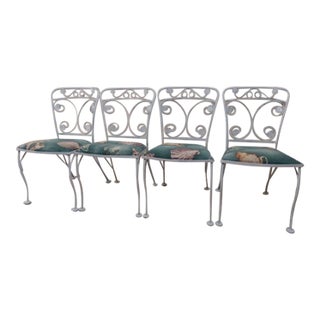 1960s Wrought Iron Garden Patio Chair French Style White Ivy Leaf Design Set of 4 For Sale