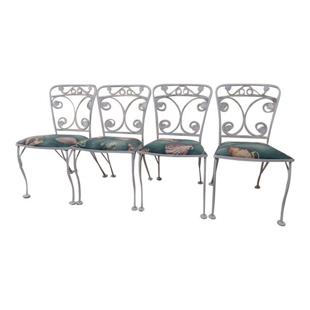 1960s Wrought Iron Garden Patio Chair French Style White Ivy Leaf Design Set of 4 For Sale