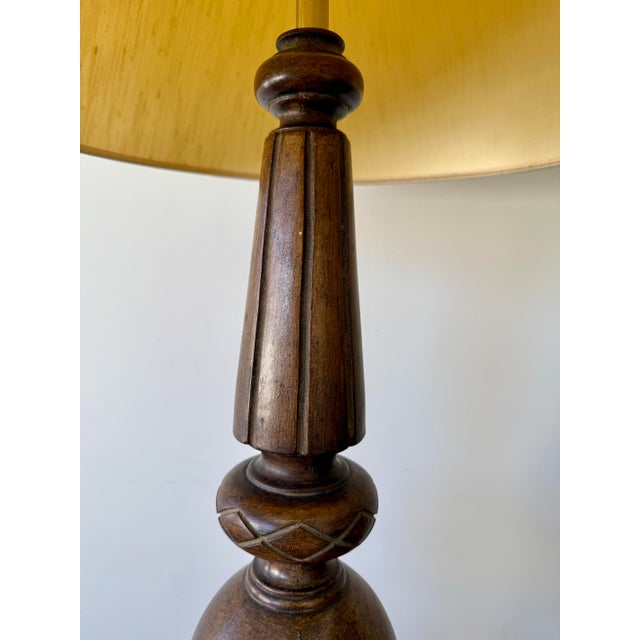 Spanish Revival Vintage Monumental Carved Wood Table Lamp With Original Drum Shade For Sale - Image 3 of 7