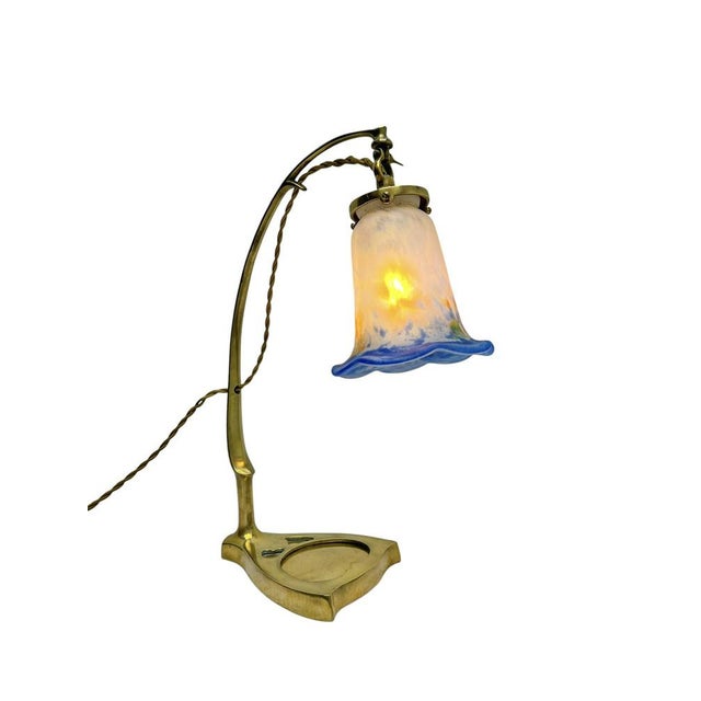 Art Nouveau Brass Table Lamp with Glass Paste Lampshade, 1920s For Sale - Image 10 of 11