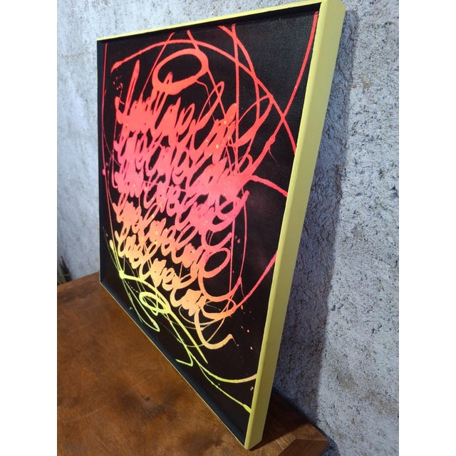 A striking contemporary artwork, signed and dated 2022, titled "neon love (uv)" — a 60 x 60 cm square canvas stretched...