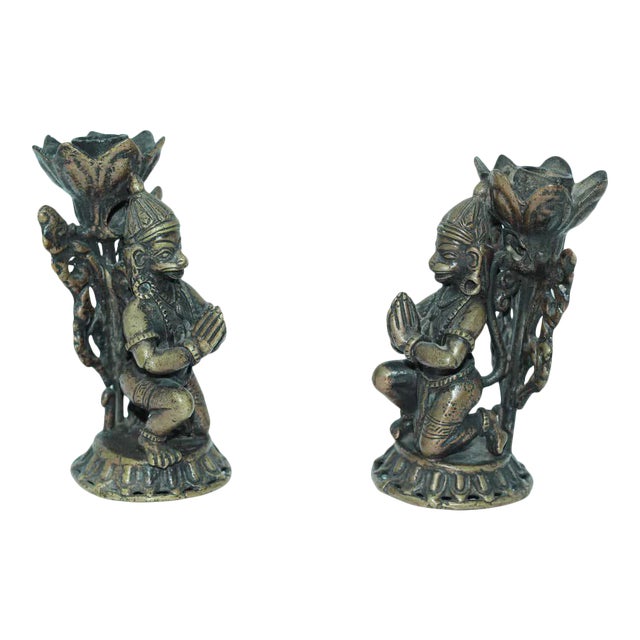 Asian Bronze Hanuman Kneeling Buddhist Figure Candleholders - a Pair For Sale