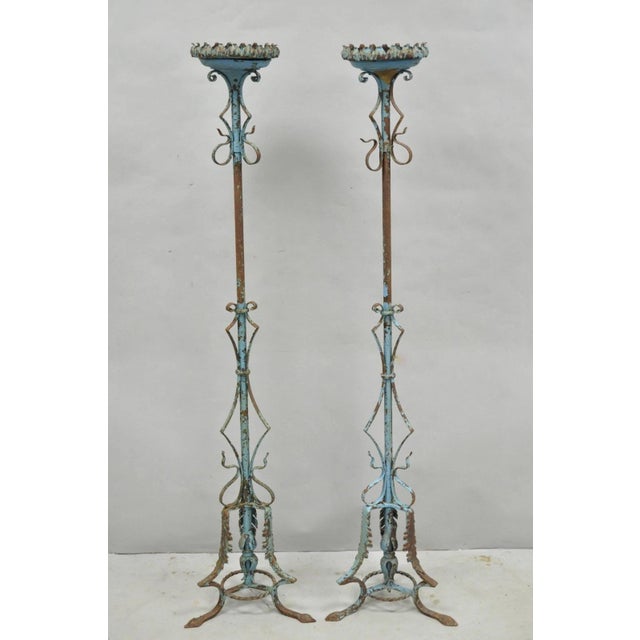 Antique Gothic Renaissance Revival Distres Blue Painted Twisted Wrought Iron Italian Candle Holder Candelabras - a Pair....