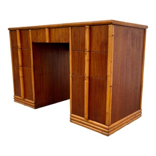 Mid Century Ritts Tropitan Mahogany Rattan Desk For Sale
