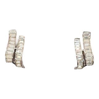 Vintage Crown Trifari Rhodium Plated Baguette Clip Earrings - 2 Pieces For Sale