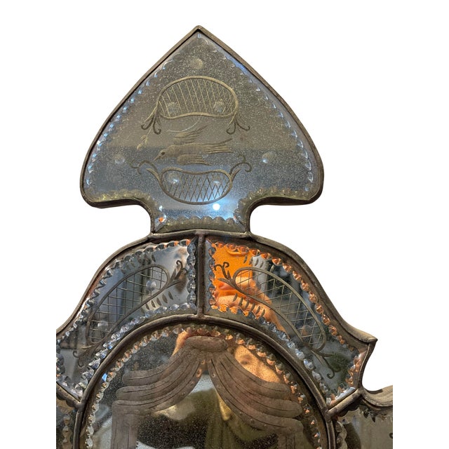 Late 19th Century Antique Venetian Two Arm Silver Mirrored Candle Sconces With Etching - Set of 2 For Sale - Image 11 of 12