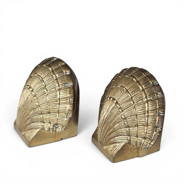 Hollywood Regency Vintage Hollywood Regency Solid Brass Scallop Shell Bookends - Pair For Sale - Image 3 of 9