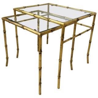 Italian Gold Gilt Bamboo and Glass Nesting or End Tables, Set of 2 For Sale