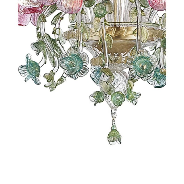 Art Nouveau Ornate Venetian Pink and Green Floreal Murano Glass Chandelier For Sale - Image 3 of 6