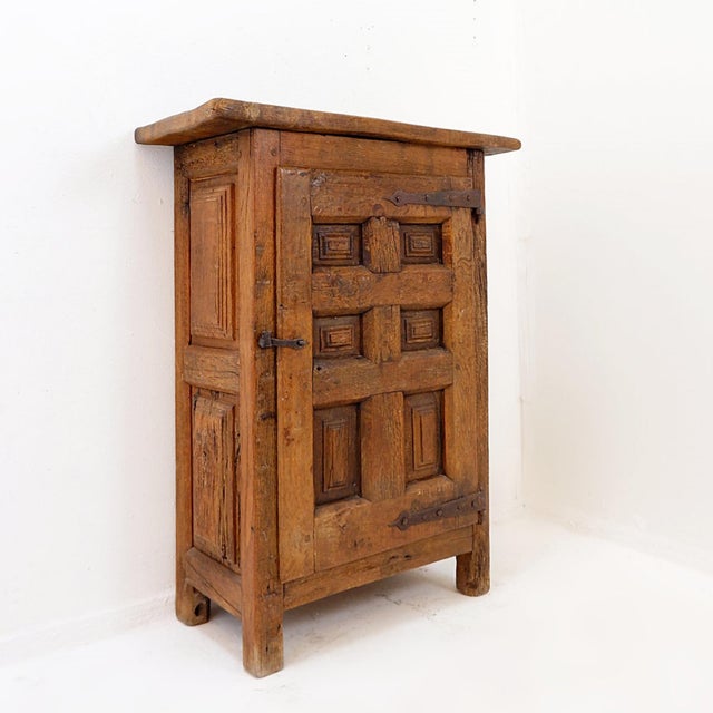 Early 19th Century Rustic Wooden Cabinet with Carved Panel Door and Iron Hardware, Spain For Sale - Image 14 of 17