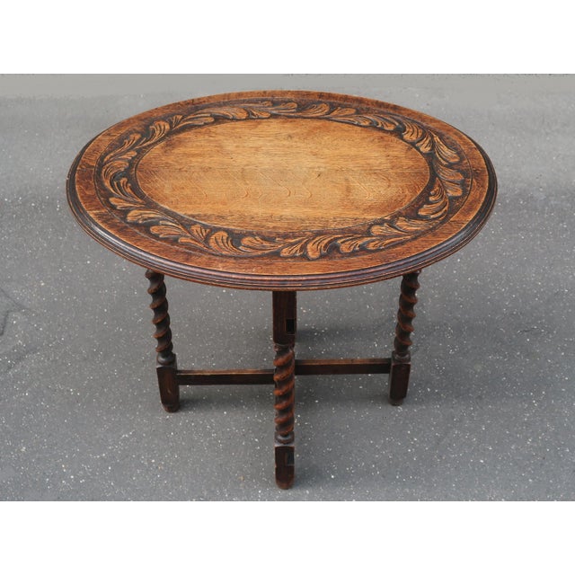 Late 19th Century Antique Carved Tiger Oak Folding Tea Coffee Table Barley Twist End of XIXth Century For Sale - Image 5 of 13