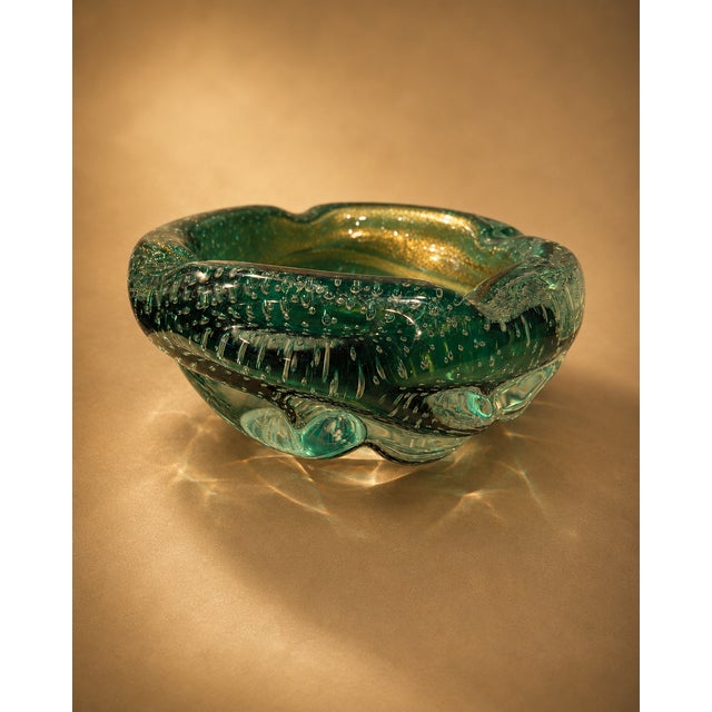 1970s Vintage Murano Style Bullicante Green Art Glass Ashtray, Mid-Century Modern Italian Glass Bowl For Sale - Image 5 of 9