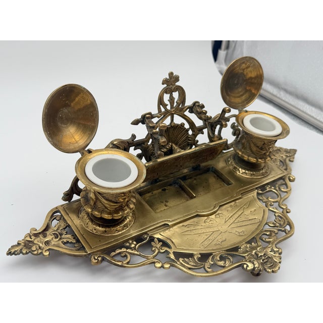 Vintage Ornate Baroque Revival Cast Brass Double Inkwell Desk Set With Porcelain Liners For Sale - Image 15 of 17