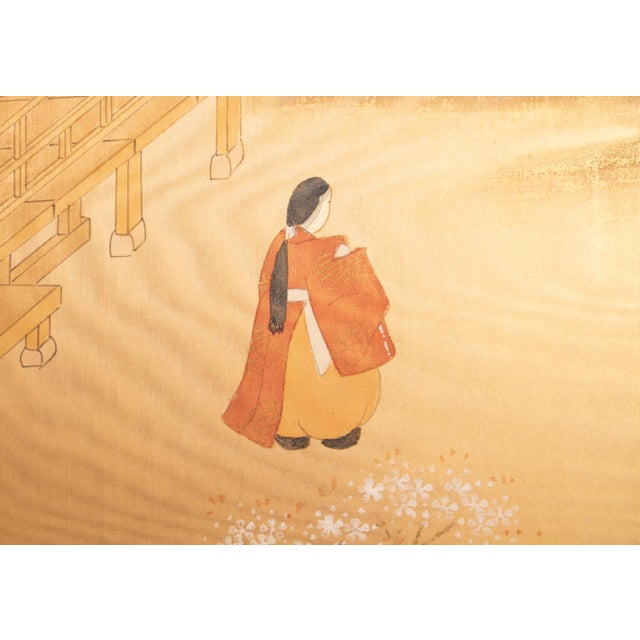 1970-1980s Shōwa Era Japanese Silk Byobu Screen "The Tale of Genji" For Sale - Image 4 of 18