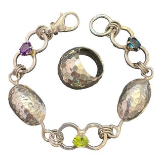 Late 20th Century Set of Hammered Sterling Silver Multi Gemstone Bracelet & Dome Ring. 2 Pieces For Sale