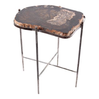 Living Edge Petrified Wood Top W Iron Stand Accent Table or Side Table 50 For Sale