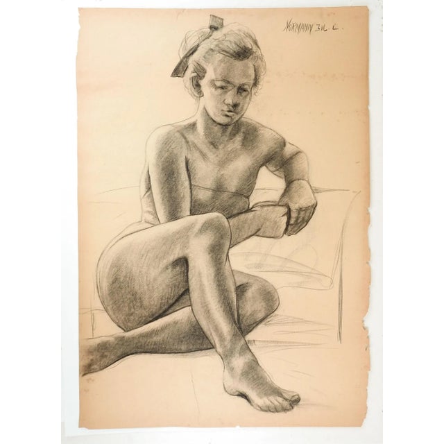Mid-Century Modern Vintage Charles Normann Charcoal Female Figure Drawing For Sale - Image 3 of 5